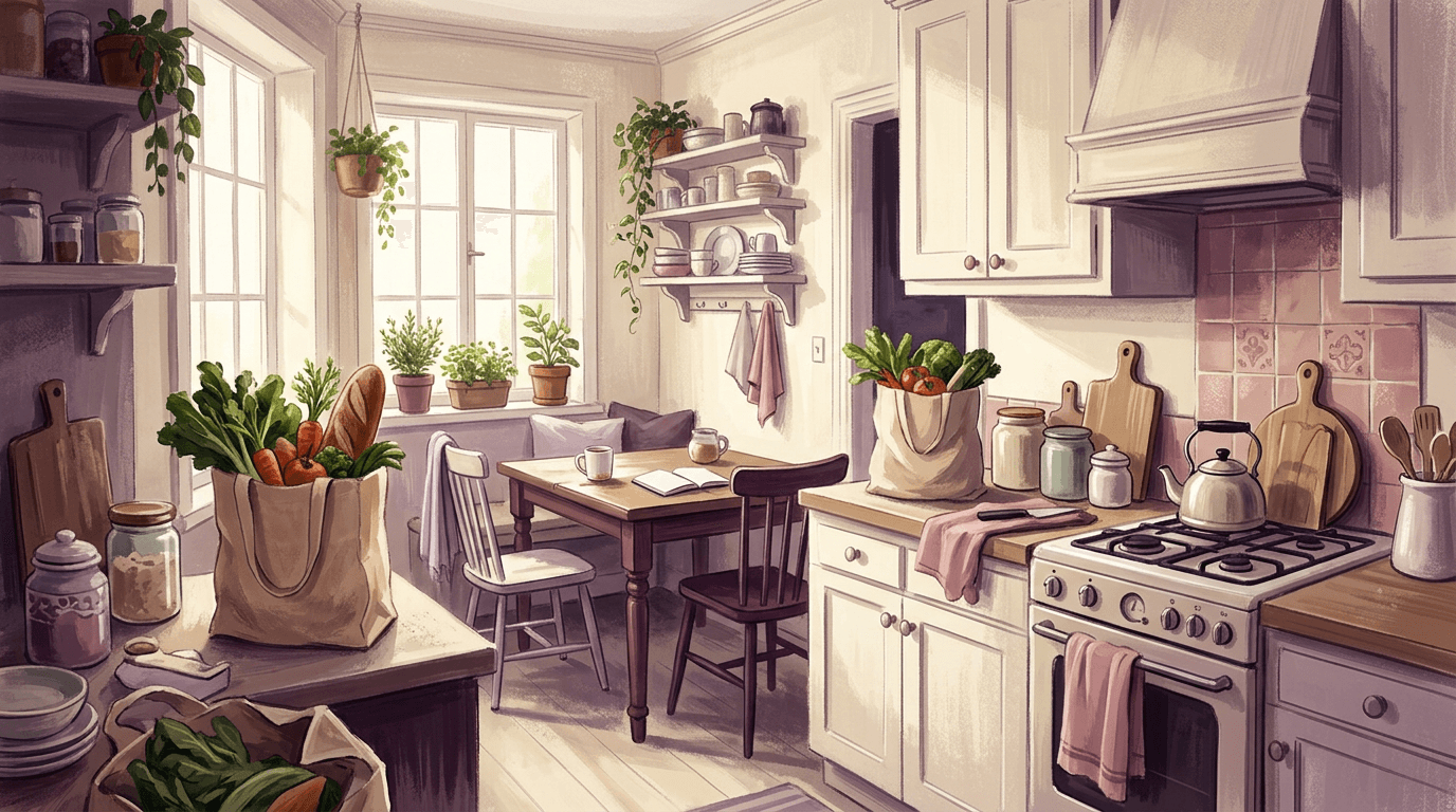 A sunlit kitchen with fresh groceries, ready for another day at home